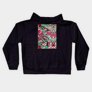 FLYING WHITE CRANES ON BLUE WATER AND SPRING FLOWERS Antique Red Teal Japanese Floral Kids Hoodie